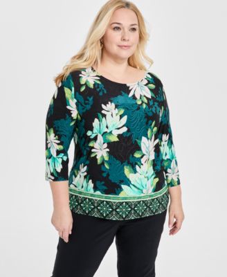 JM Collection - Plus Size Grateful Jacquard 3/4-Sleeve Top