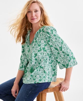 Style & Co - Women's Printed Split-Neck 3/4-Sleeve Top