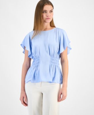 Anne Klein - Women's Smocked-Waist Flutter-Sleeve Top