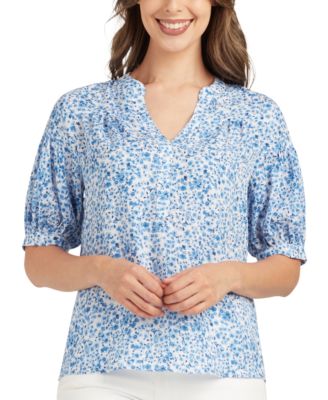 BCX - Juniors' Split-Neck Ditsy-Print Puffed-Sleeve Top