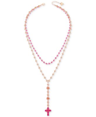 GUESS - Rose Gold-Tone Color Stone & Imitation Pearl Cross Layered Lariat Necklace, 24" + 2" extender