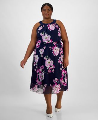 Robbie Bee - Plus Size Printed Chiffon Halter Midi Dress