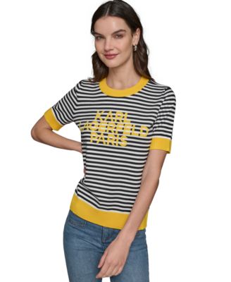KARL LAGERFELD PARIS - Petite Striped Logo Short-Sleeve Sweater