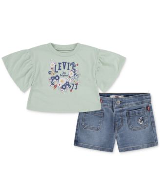 Levi's - Baby Girls 2-Pc. Flutter-Sleeve Top & Jean Shorts Set