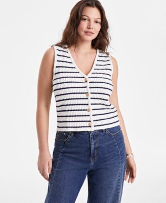 On 34th - Women's Cotton Striped Pointelle Button-Front V-Neck Top