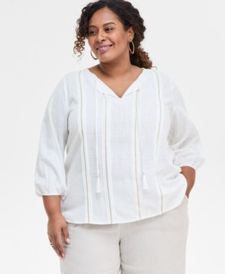 JM Collection - Plus Size Pleated Chain-Trim Split-Neck Top