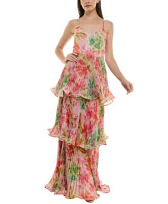 Taylor - Women's Printed Pleated Tiered Sleeveless Gown