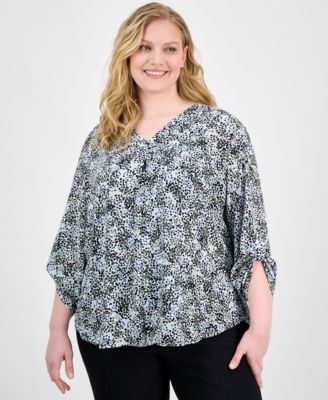 AK Anne Klein - Plus Size Printed Roll-Tab-Sleeve Tunic