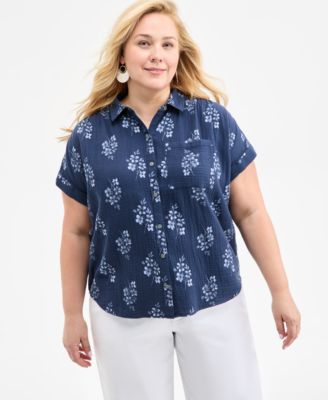 Style & Co - Plus Size Printed Button-Down Cotton Camp Shirt