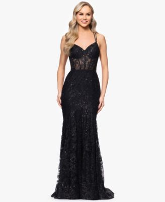 Blondie Nites - Juniors' Sequined Corset-Bodice Gown
