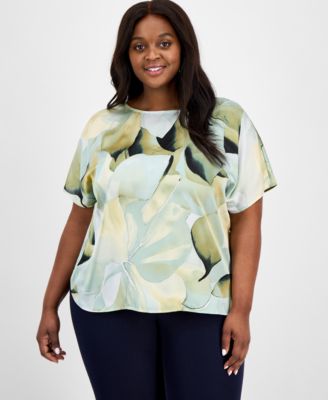 Anne Klein - Plus Size Dot-Print Bateau-Neck Short-Sleeve Blouse