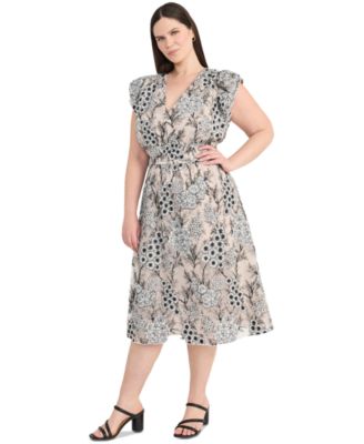 Maggy London - Plus Size Chiffon Embroidered Ruffled-Sleeve Dress
