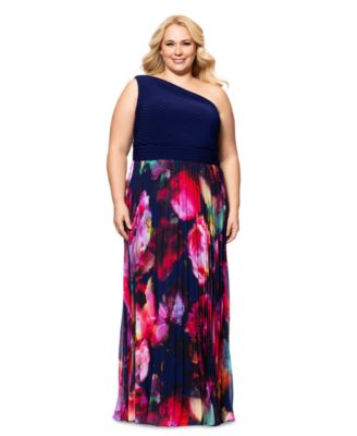 XSCAPE - Plus Size One-Shoulder Pleated Gown