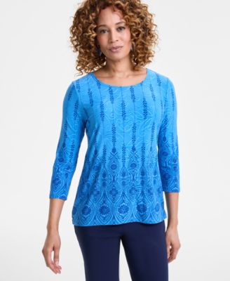 JM Collection - Petite Printed Jacquard Scoop-Neck Top