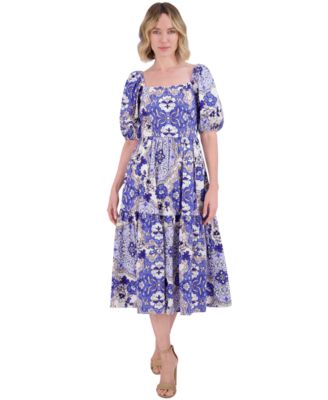 Vince Camuto - Petite Printed Cotton Puff-Sleeve Midi Dress