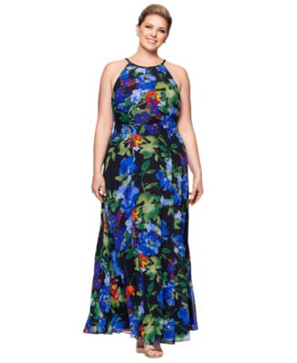 B&A By Betsy and Adam - Plus Size Floral-Print Halter Gown