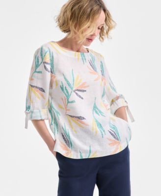 Charter Club - Petite Printed Boat-Neck Linen 3/4-Sleeve Blouse