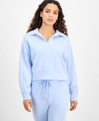 And Now This - Petite Piped-Trim Cropped Spread-Collar Sweatshirt
