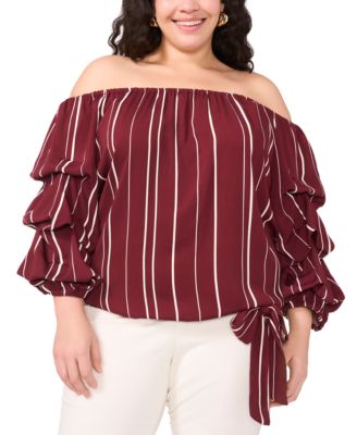 Vince Camuto - Plus Size Striped Gathered-Sleeve Top