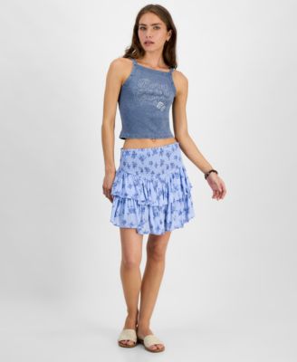 Kingston Grey - Juniors' Printed Smocked-Waist Tiered Skort