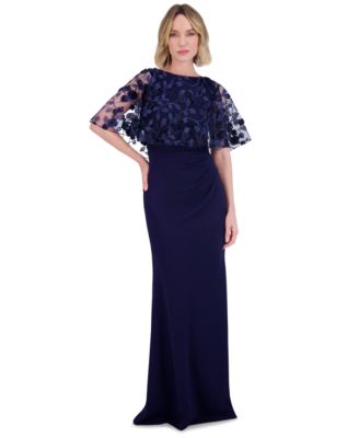 Eliza J - Women's Embroidered Cape Overlay Scuba Gown