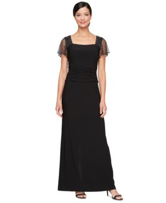 SL Fashions - Petite Beaded Flutter-Sleeve Ruched Gown