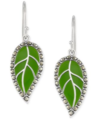 Macy's - Green Agate & Marcasite Leaf Drop Earrings in Sterling Silver