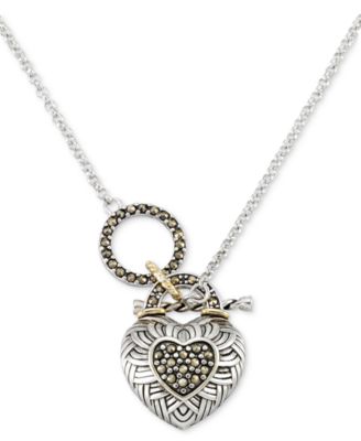 Macy's - Marcasite Filigree Padlock Heart 18" Pendant Toggle Necklace in Sterling Silver & 18k Gold-Plate