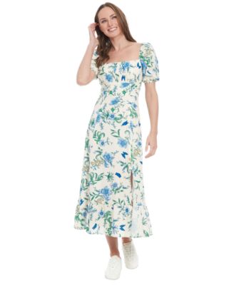 London Times - Petite Linen-Blend Floral-Print Maxi Dress