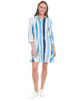 London Times - Petite Linen-Blend Striped Shift Dress