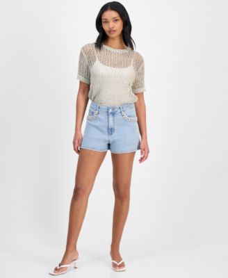 Bar III - Women's Rhinestone-Pocket Denim Shorts