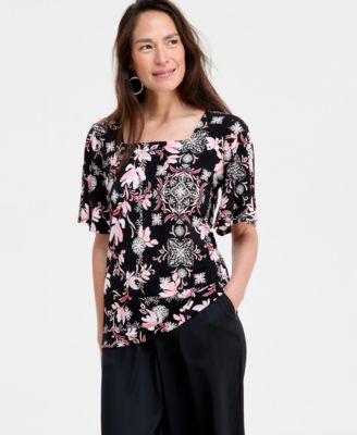 JM Collection - Women's Graceful Geo Knit Crepe Top