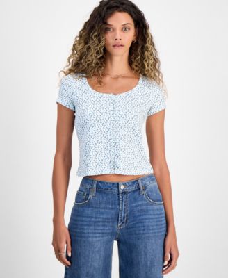 Just Polly - Juniors' Ditsy Floral Button-Front Top