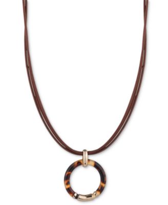 Lauren Ralph Lauren - Gold-Tone Tortoise Shell-Look Circle Leather Cord Pendant Necklace, 16" + 3" extender