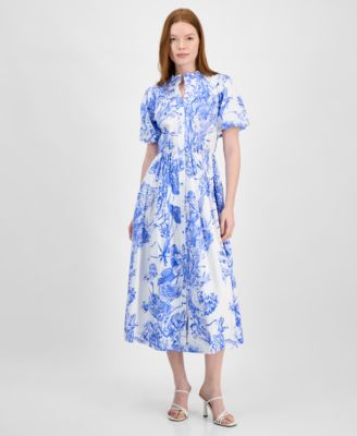 T Tahari - Women's Puff-Sleeve Button-Front Midi Dress