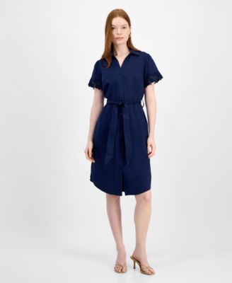T Tahari - Women's Lace-Trim Short-Sleeve Shirtdress