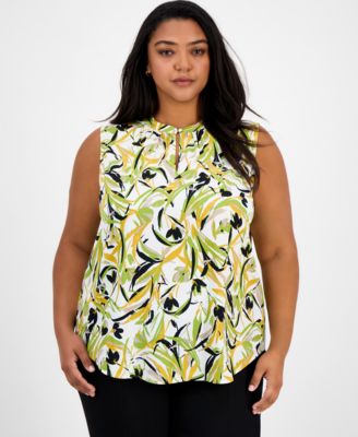 Kasper - Plus Size Sleeveless Printed Keyhole Blouse