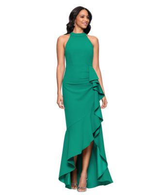 Betsy & Adam - Women's Ruffled High-Low Halter Neck Gown