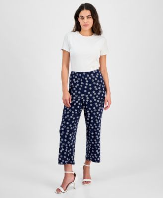 AK Anne Klein - Petite Dot-Print Pull-On Mid-Rise Pants