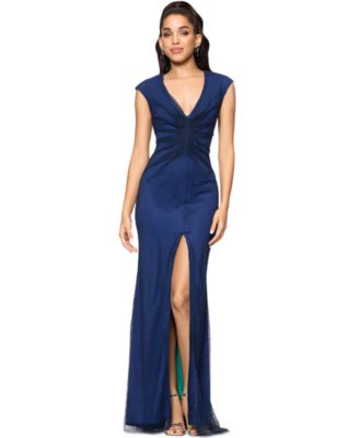 Betsy & Adam - Women's V-Neck Rhinestone-Mesh Long Bodycon Dress