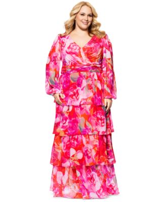 XSCAPE - Plus Size Printed V-Neck Tiered-Ruffle Chiffon Dress