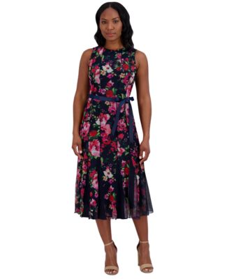Jessica Howard - Petite Floral-Mesh Ribbon-Waist Midi Dress