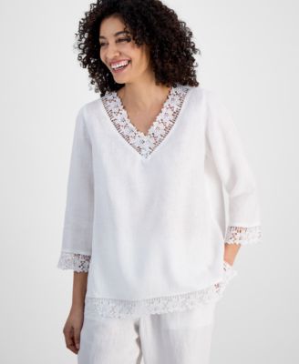 Charter Club - Petite Lace-Trim Linen V-Neck Tunic