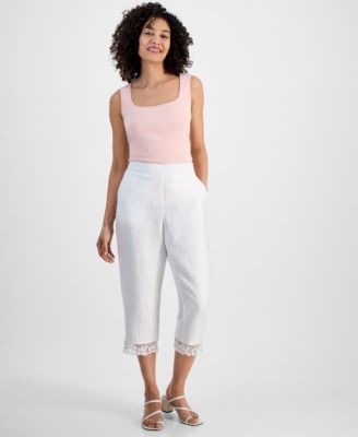 Charter Club - Petite Lace-Trim Linen Cropped Pants