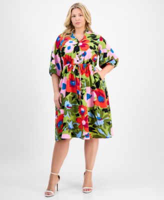 Sandra Darren - Plus Size Print Tie-Waist 3/4-Sleeve Midi Dress