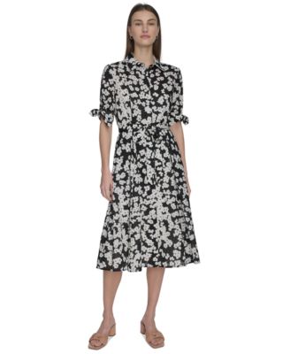 Calvin Klein - Women's Cotton Floral Tie-Cuff Shirtdress