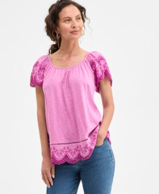 Style & Co - Petite Embroidered Flutter-Sleeve Top, Exclusively at Macy's