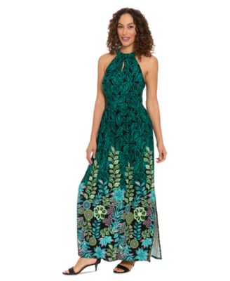 London Times - Petite Placement-Print Halter Maxi Dress