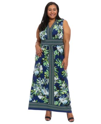 London Times - Plus Size Border-Print V-Neck Maxi Dress