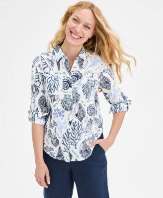 Charter Club - Women's Printed 100% Linen Roll-Tab Shirt